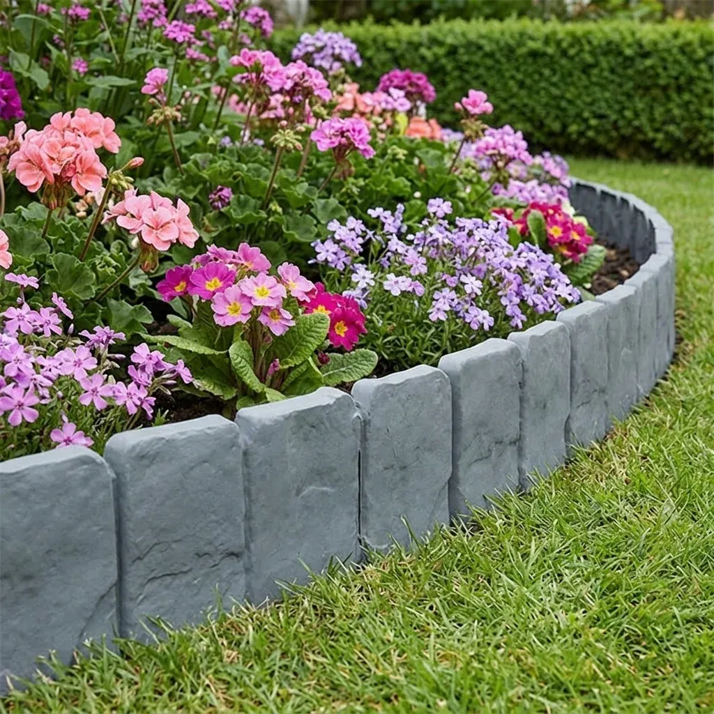 Close-up of gray faux stone garden edging