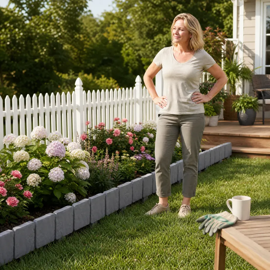 Faux stone edging around a landscaped flower bed