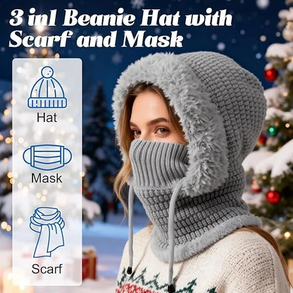 🎉🎁70% OFF!!!-Ready for Winter!!!❄️✨Women 3-in-1 Knitted Balaclava Hat, Fleece Lined Warm Hood Beanie with Scarf & Face Mask, Pom Pom Winter Hat for Outdoor Skiing🧣