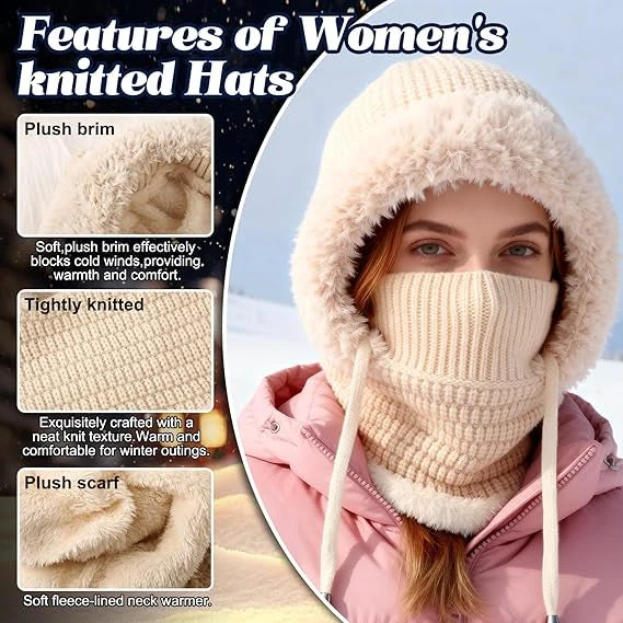 🎉🎁70% OFF!!!-Ready for Winter!!!❄️✨Women 3-in-1 Knitted Balaclava Hat, Fleece Lined Warm Hood Beanie with Scarf & Face Mask, Pom Pom Winter Hat for Outdoor Skiing🧣