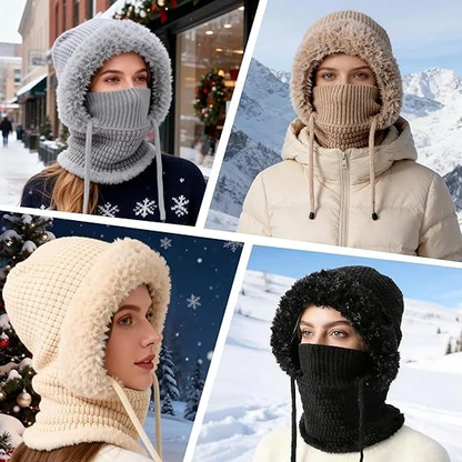 🎉🎁70% OFF!!!-Ready for Winter!!!❄️✨Women 3-in-1 Knitted Balaclava Hat, Fleece Lined Warm Hood Beanie with Scarf & Face Mask, Pom Pom Winter Hat for Outdoor Skiing🧣