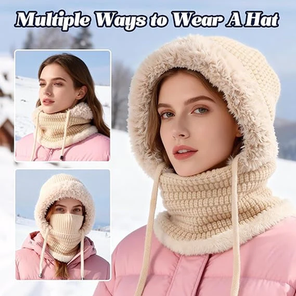 🎉🎁70% OFF!!!-Ready for Winter!!!❄️✨Women 3-in-1 Knitted Balaclava Hat, Fleece Lined Warm Hood Beanie with Scarf & Face Mask, Pom Pom Winter Hat for Outdoor Skiing🧣
