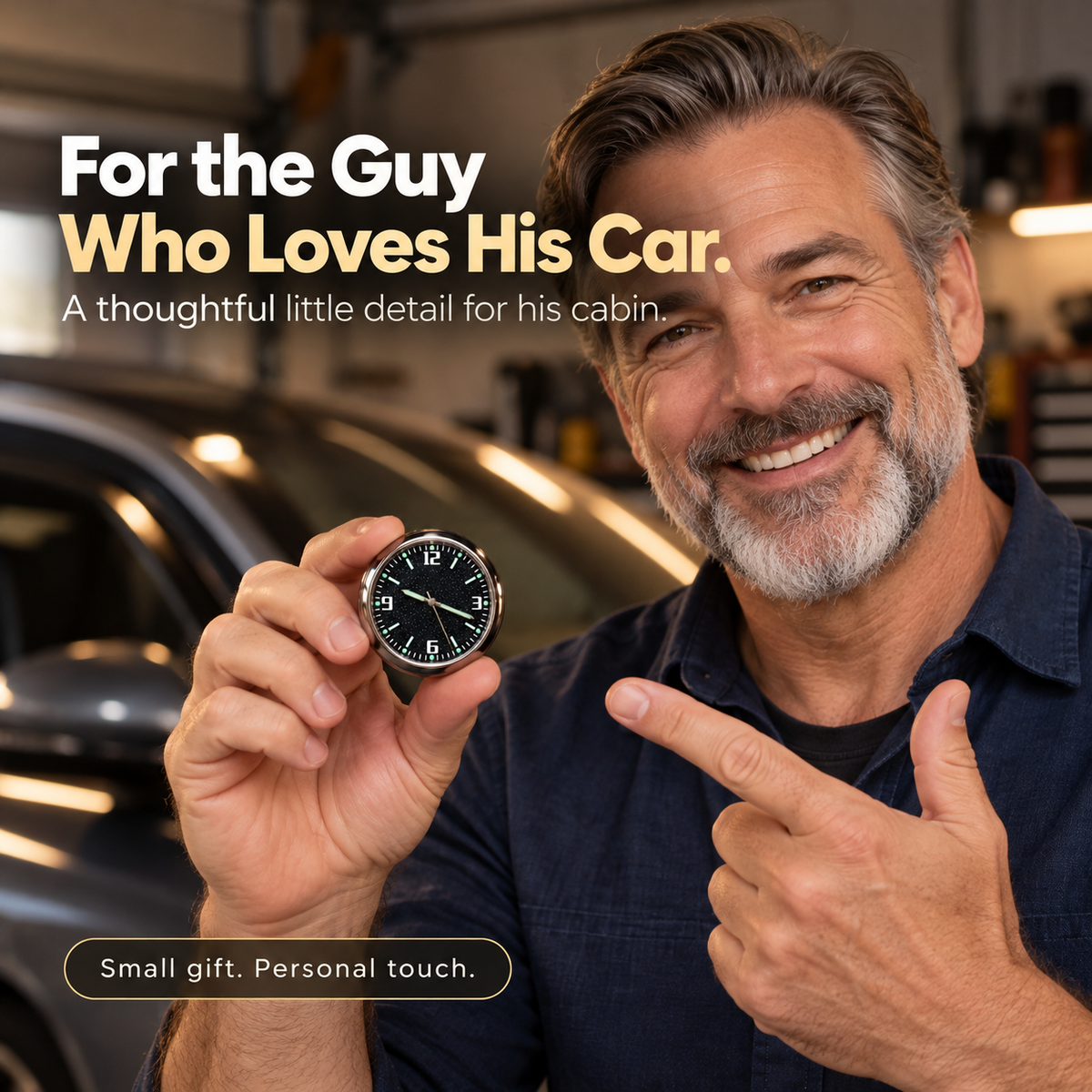 Smiling middle-aged man holding the mini car clock as a gift for a car lover