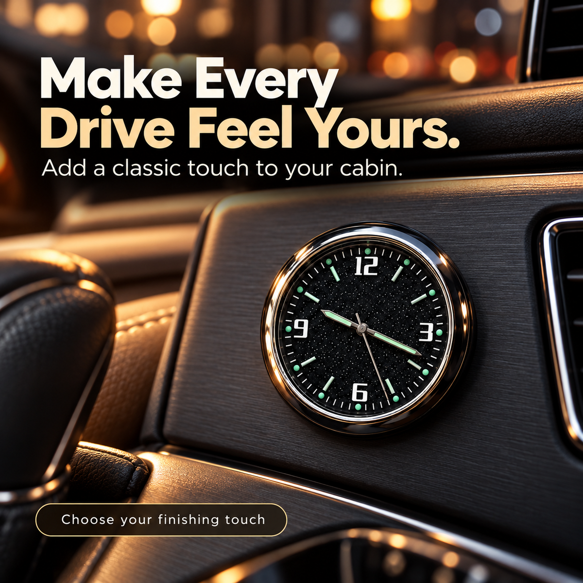 Dashboard clock illuminated by warm cabin light in a parked car at evening