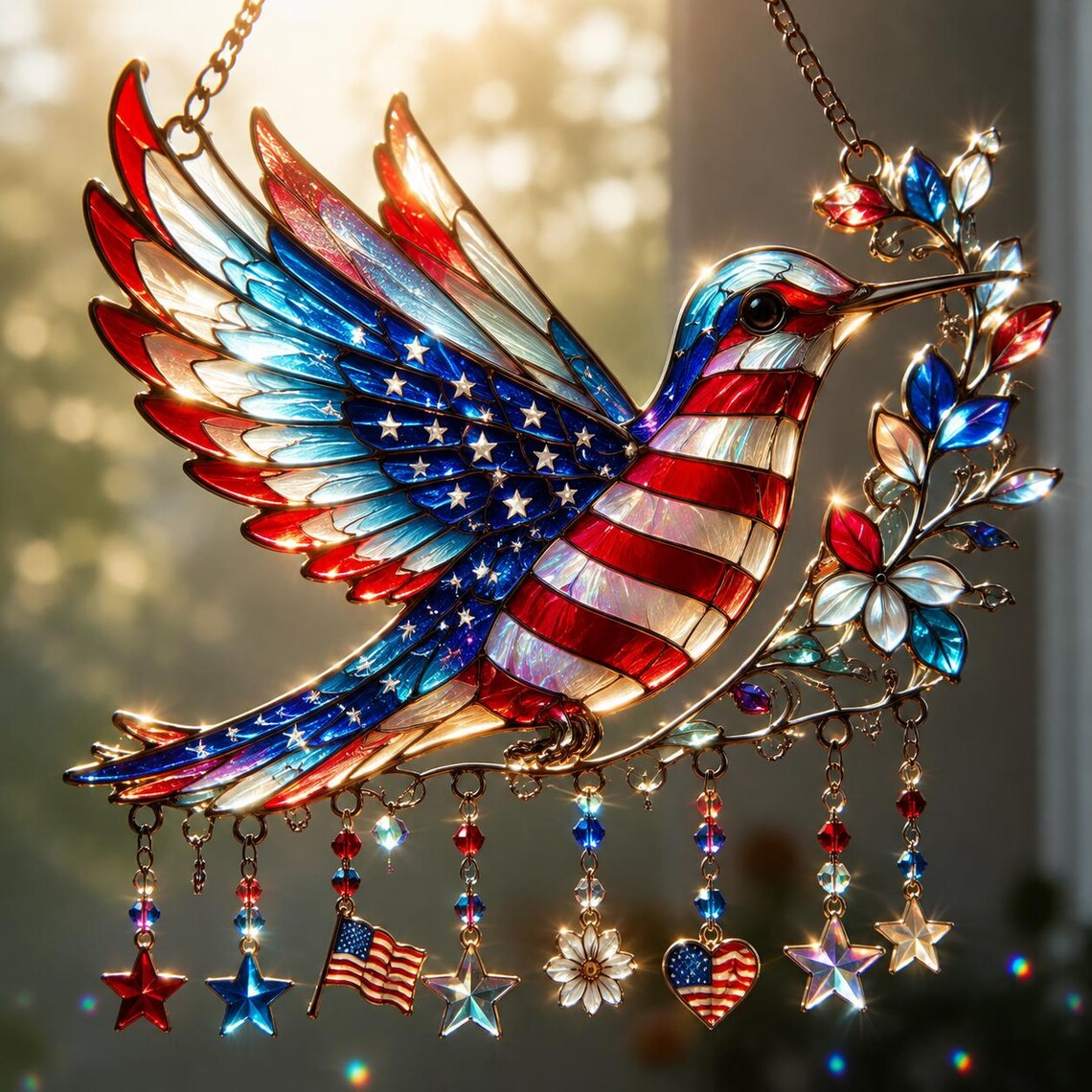 Patriotic Hummingbird Sun Catcher 🎉 - 250th Anniversary Gift 🎆