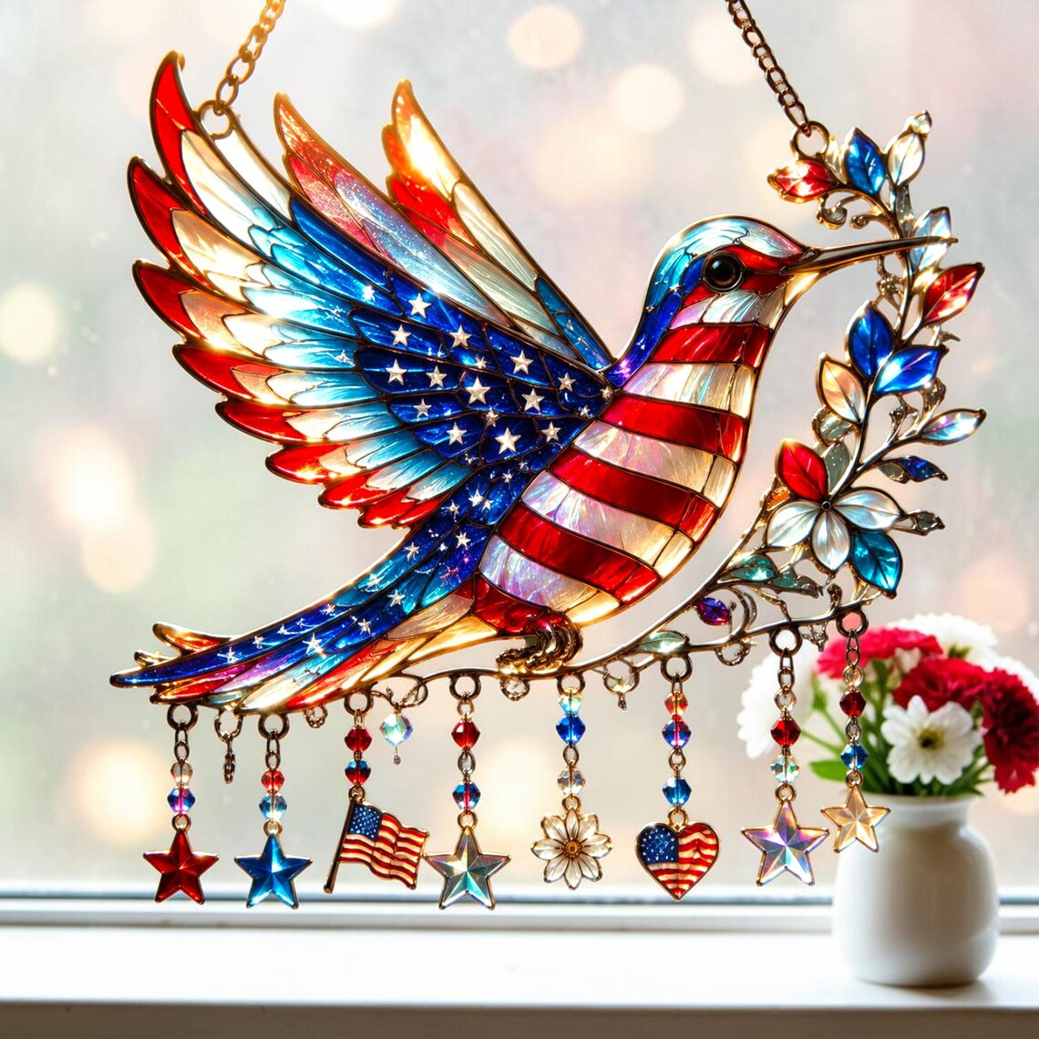 Patriotic Hummingbird Sun Catcher 🎉 - 250th Anniversary Gift 🎆