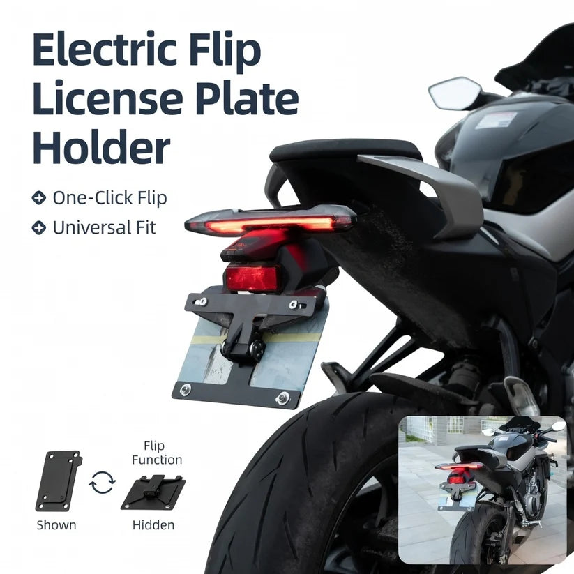 Motorized adjustable motorcycle license plate bracket installed on motorcycle