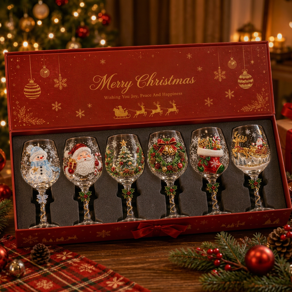 🎄 3D Christmas Wine Glasses – Embossed Holiday Stemware, 6 Festive Designs