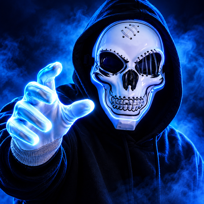Neon skull mask and glowing glove Halloween hero