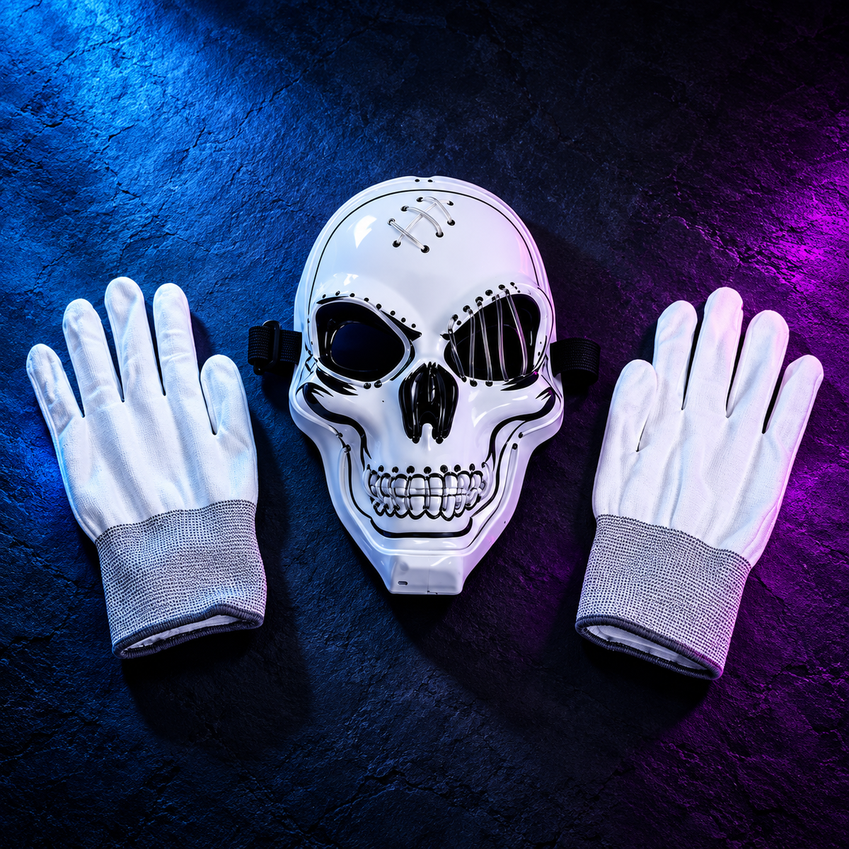 White mask and glove pair flat lay