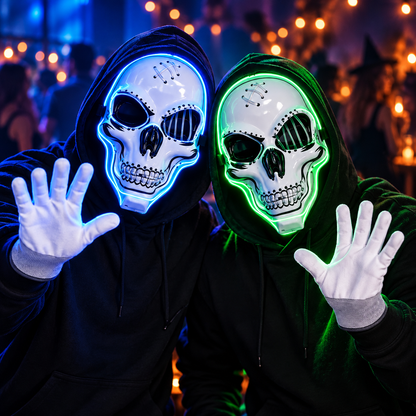 Two people wearing the mask set
