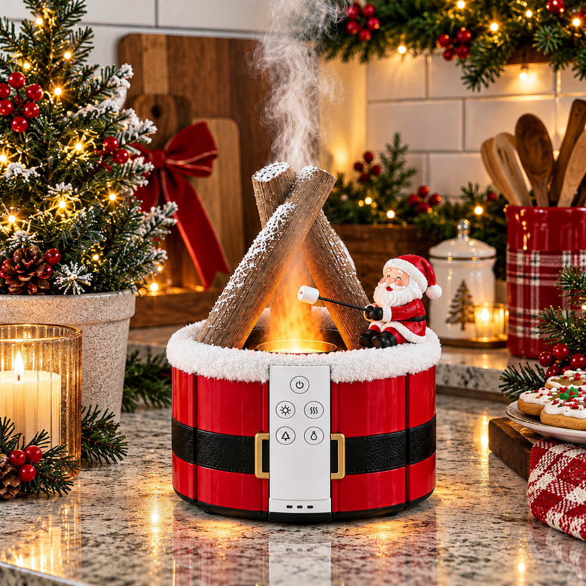 MerryMist Santa Christmas diffuser creating glowing flame-like mist between wooden campfire logs