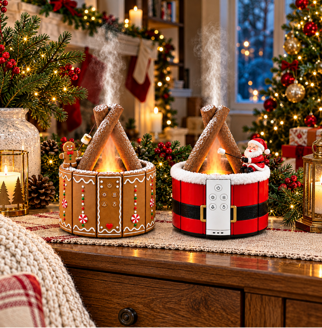 MerryMist Santa and gingerbread Christmas campfire diffusers with illuminated mist on a decorated holiday table
