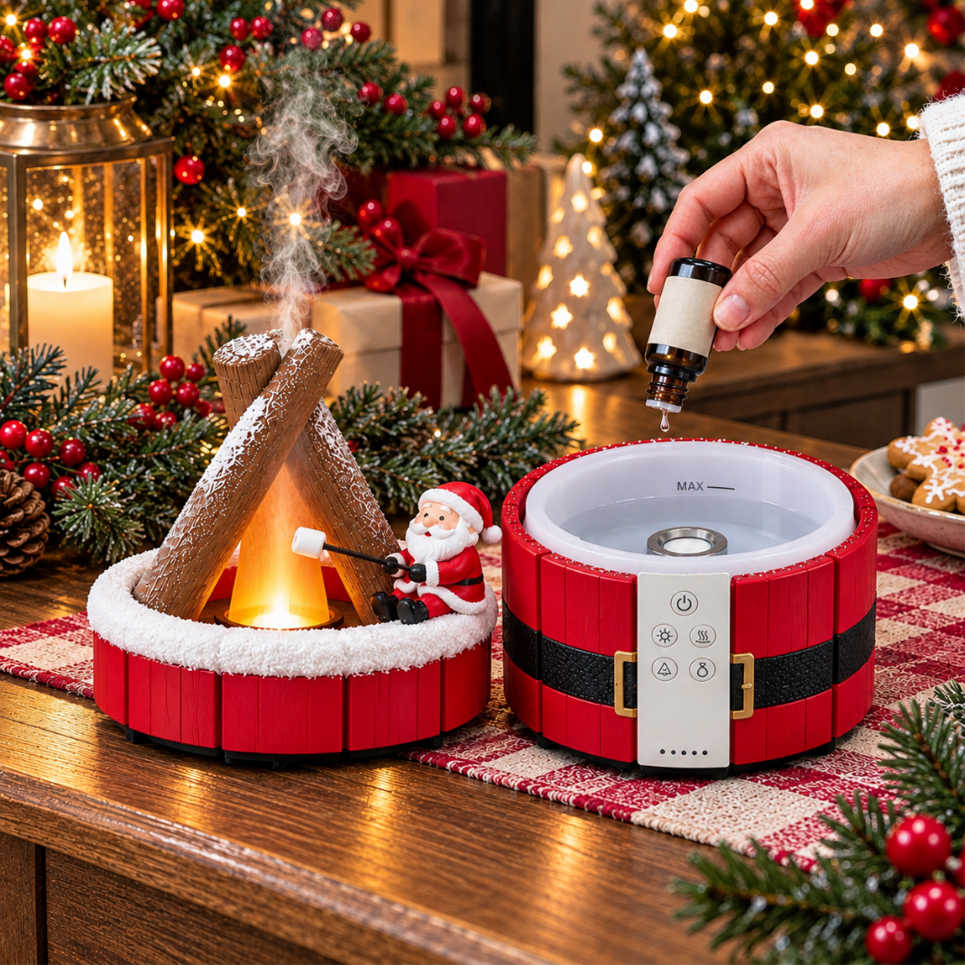 Open MerryMist Santa diffuser showing the internal water tank and person adding drops to the reservoir