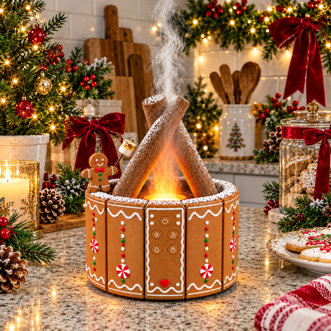 MerryMist gingerbread Christmas campfire diffuser with a gingerbread character, candy decorations and glowing mist