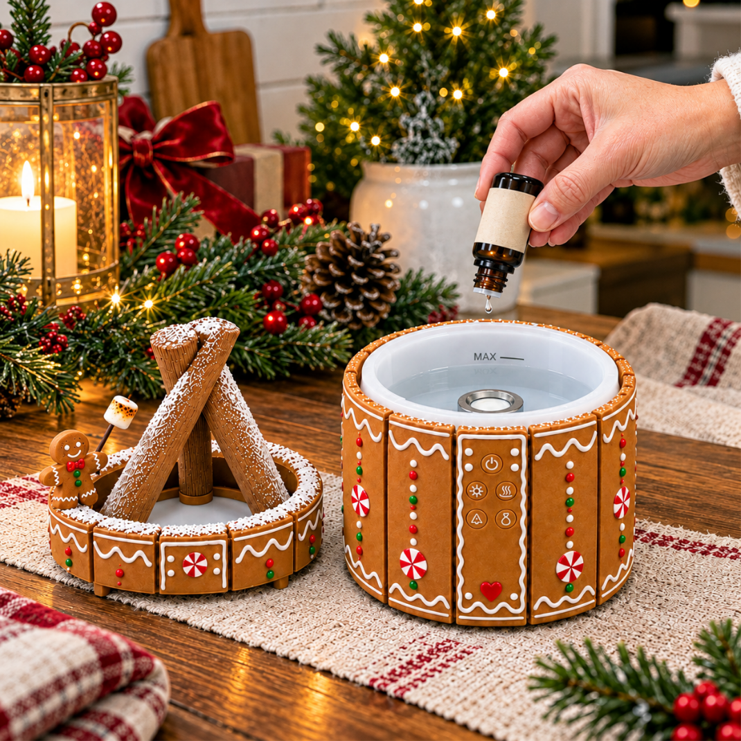 MerryMist Gingerbread diffuser with decorative top lifted to reveal its water reservoir and MAX fill marking