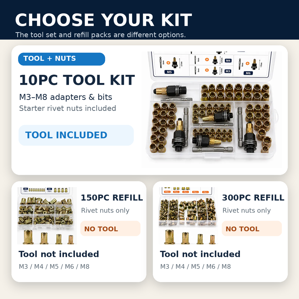 🧰Rivet Nut Tool Kit & Refill Packs | M3–M8 for Metal Repairs