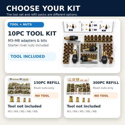 🧰Rivet Nut Tool Kit & Refill Packs | M3–M8 for Metal Repairs