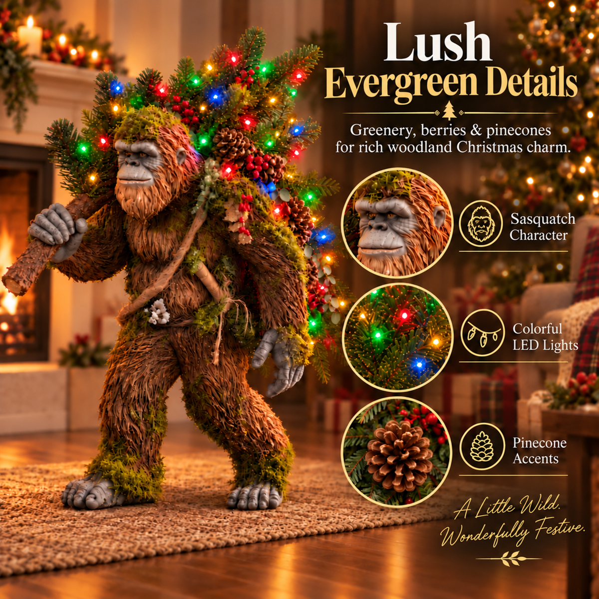 🎄 Light-Up Sasquatch Christmas Decoration – Bigfoot Carrying a Colorful Christmas Tree