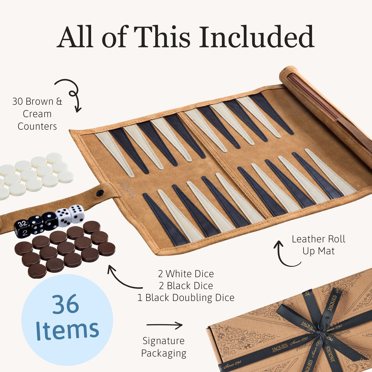 Backgammon set with leather roll-up mat, dice, and counters on a white background [fill]