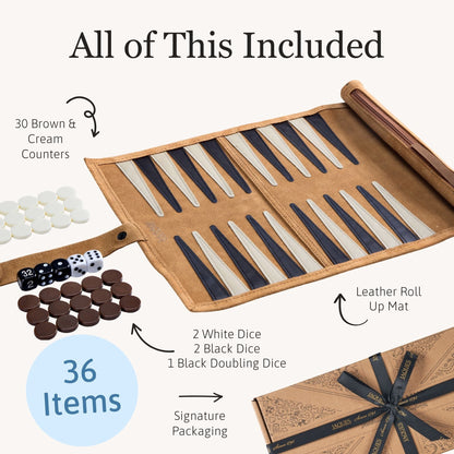 Backgammon set with leather roll-up mat, dice, and counters on a white background [fill]