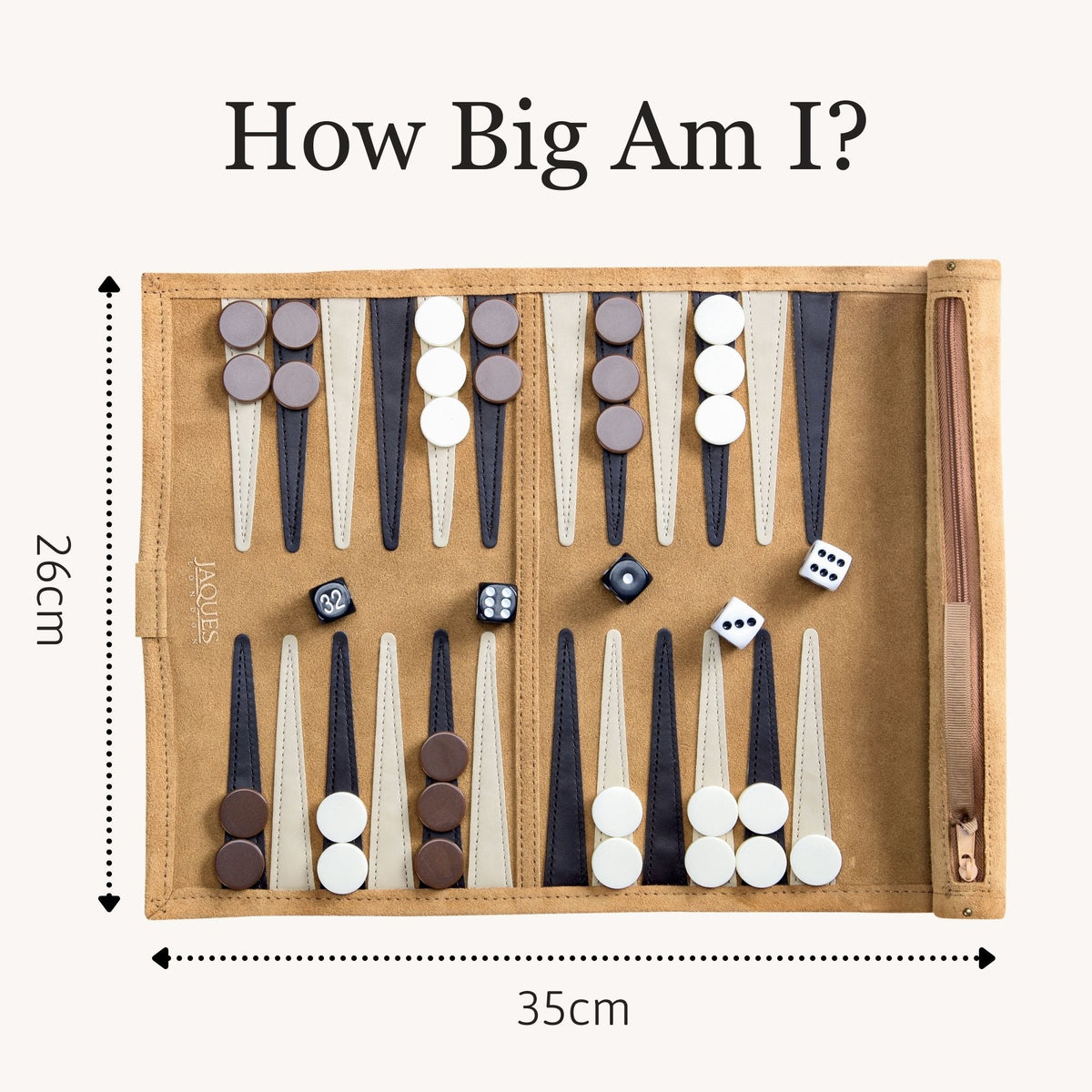 Backgammon set with pieces and dice on a beige fabric background, showing dimensions. [fill]