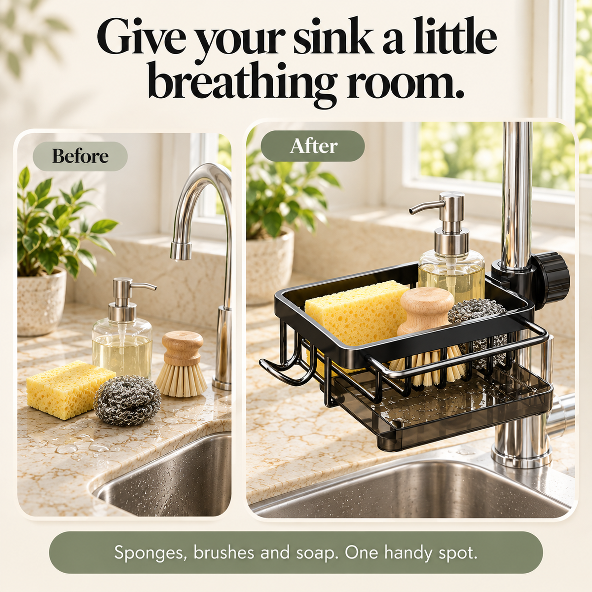 🧽 Faucet-Mounted Sink Caddy with Removable Drip Tray