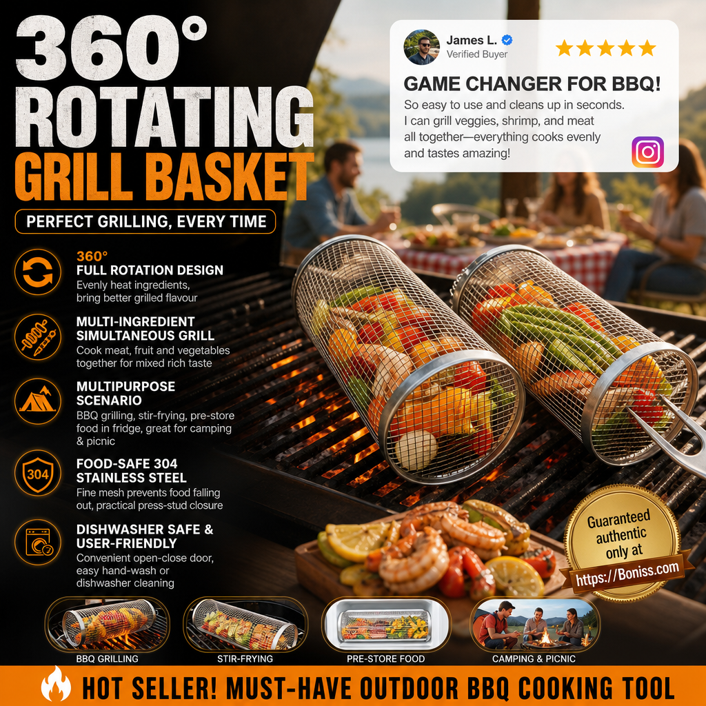 🔥 360° Rolling Grill Basket – Keep Veggies Together, Flip with Less Fuss