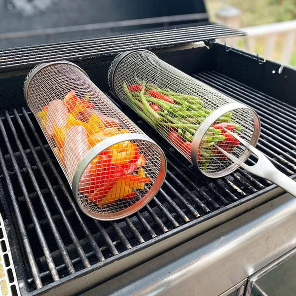 🔥 360° Rolling Grill Basket – Keep Veggies Together, Flip with Less Fuss