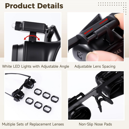 See Tiny Details Hands-Free — LED Magnifying Glasses 2X–24X