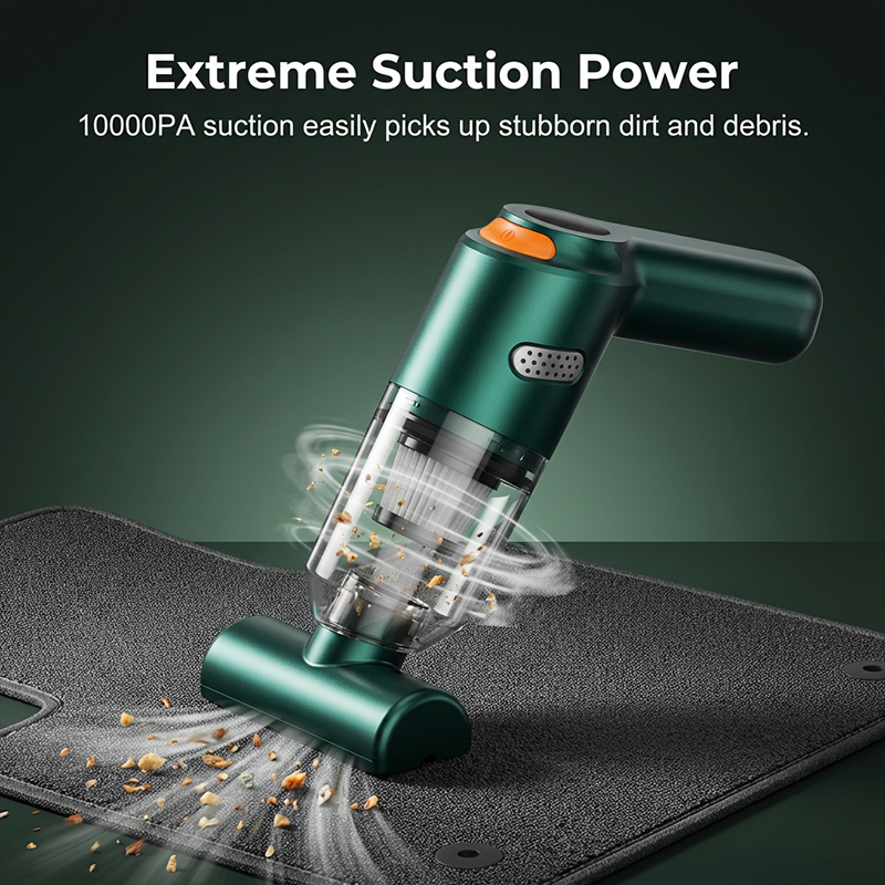 Green compact cordless car vacuum lifting dry crumbs from a vehicle mat