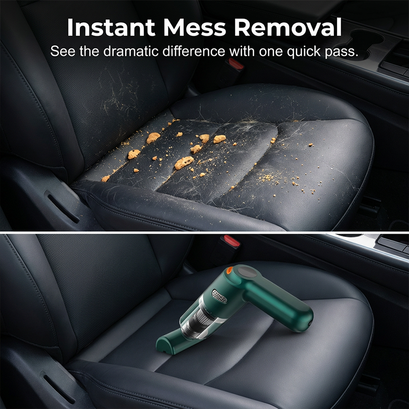 Illustrative before and after showing car-seat crumbs cleared with a handheld vacuum