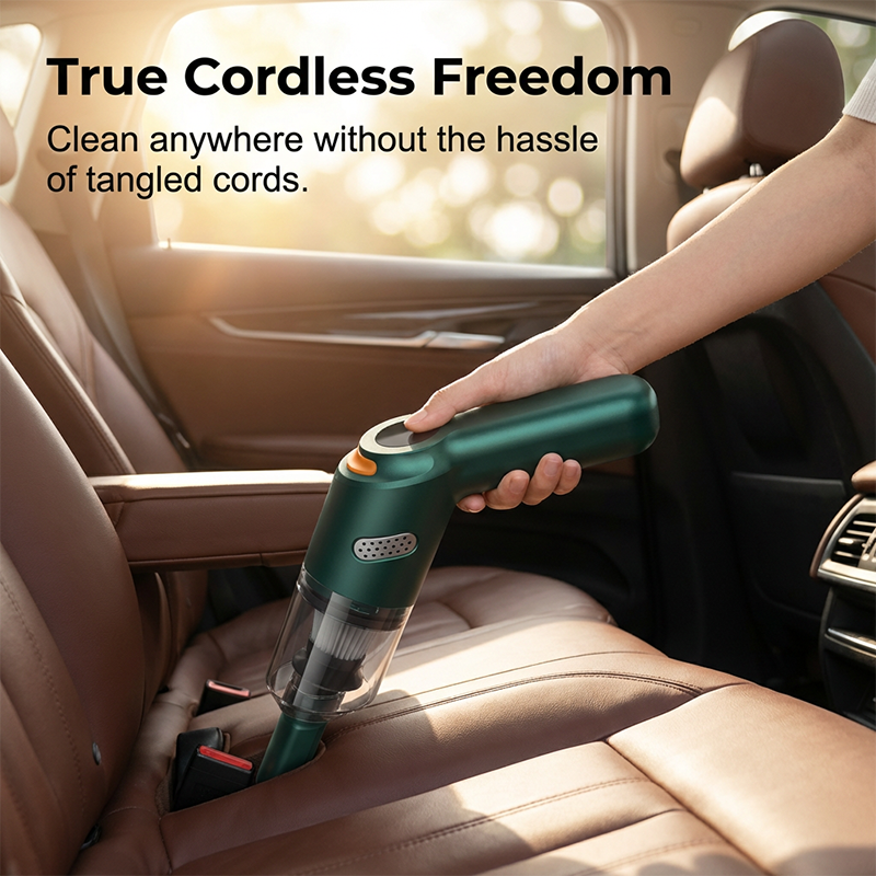 Person using cordless handheld vacuum along a car seat gap