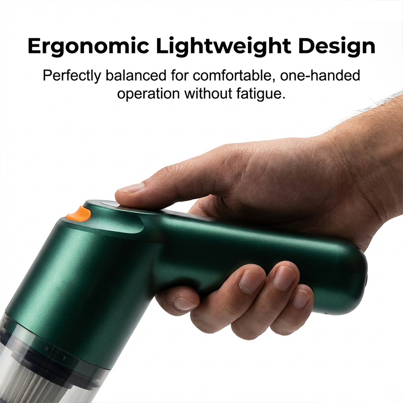 Close-up of one-handed grip on the lightweight green car vacuum