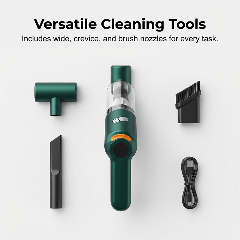 Standard handheld vacuum with wide nozzle, crevice tool, brush and USB charging cable