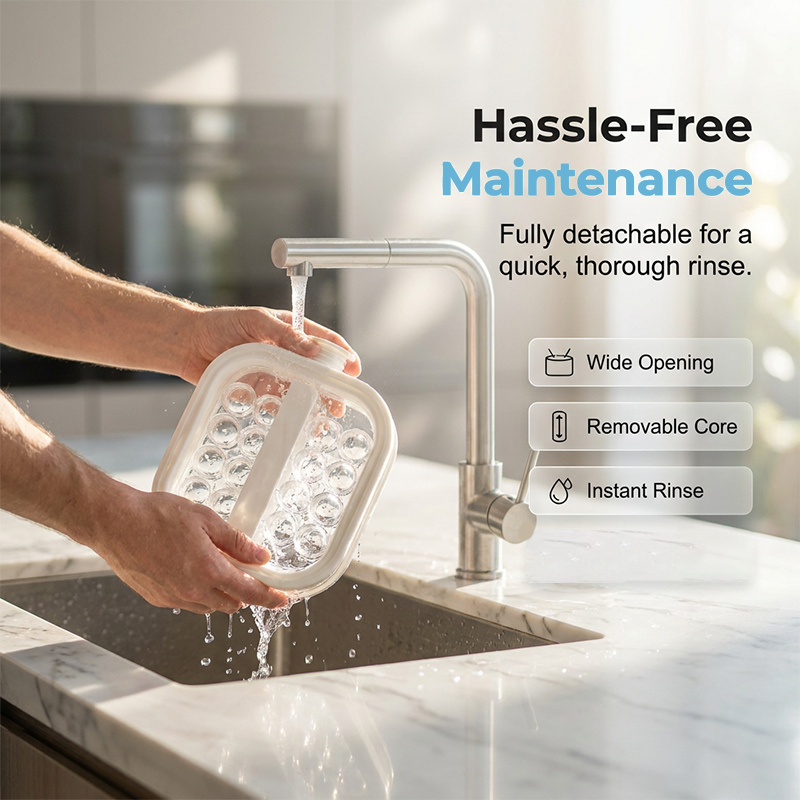 Portable silicone ice maker being rinsed in kitchen sink