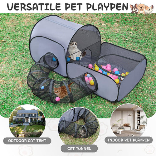 🐱 Cat Play Tent with Tunnel – Spacious Mesh Playpen for Rest & Explore
