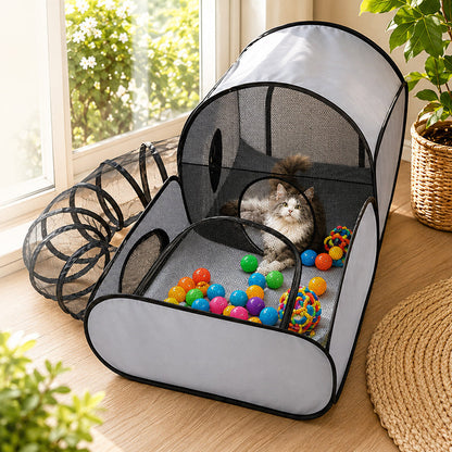 🐱 Cat Play Tent with Tunnel – Spacious Mesh Playpen for Rest & Explore