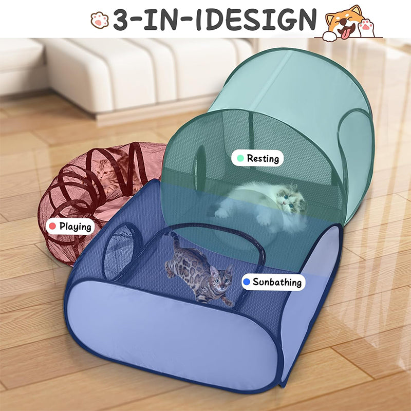 🐱 Cat Play Tent with Tunnel – Spacious Mesh Playpen for Rest & Explore