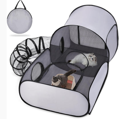 🐱 Cat Play Tent with Tunnel – Spacious Mesh Playpen for Rest & Explore