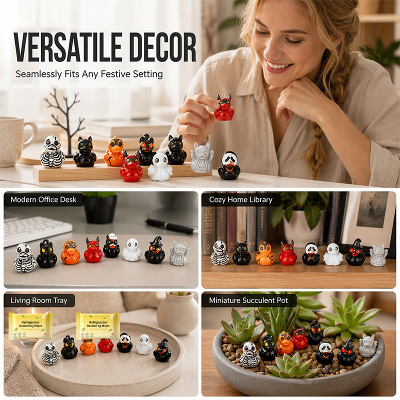 Halloween duck miniatures on desk bookshelf tray and succulent pot