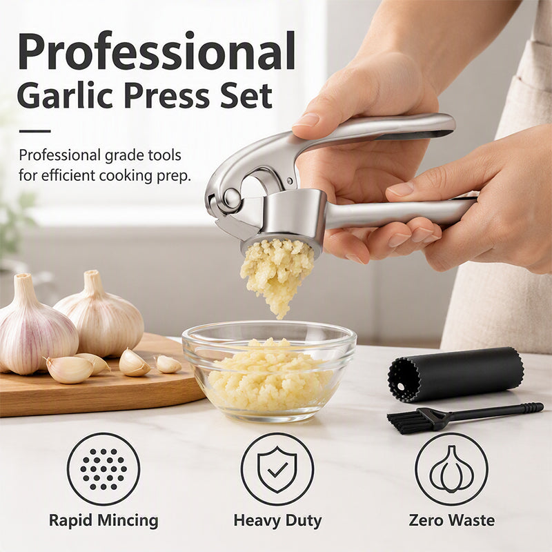 🧄 3-Piece Garlic Press Set – Peel, Press & Clean with Less Mess