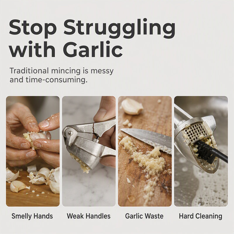 🧄 3-Piece Garlic Press Set – Peel, Press & Clean with Less Mess