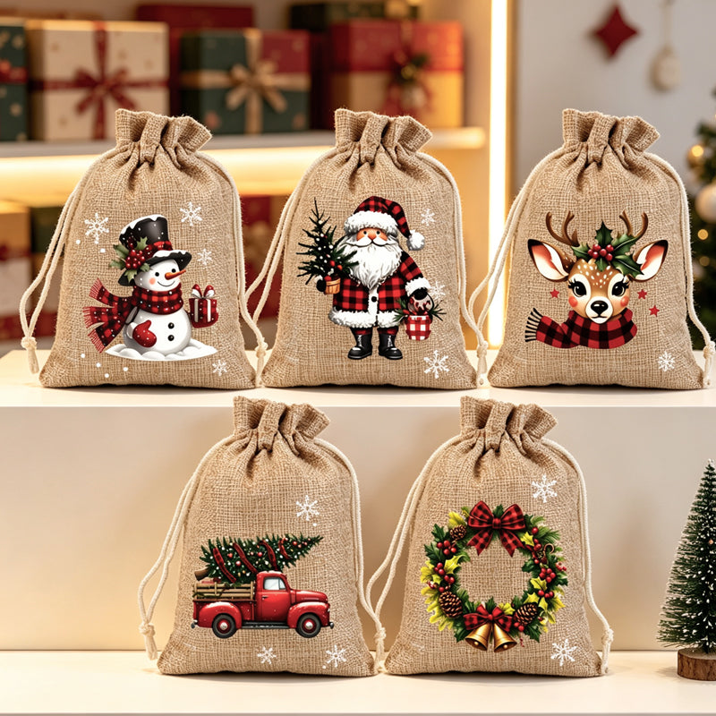 🎁 Christmas Drawstring Gift Bags – Festive Santa & Reindeer Prints, Double Drawstring Closure & Durable Fabric – Holiday Cheer in Every Gift ✨