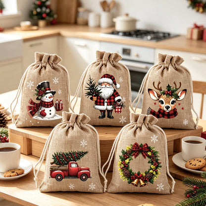 🎁 Christmas Drawstring Gift Bags – Festive Santa & Reindeer Prints, Double Drawstring Closure & Durable Fabric – Holiday Cheer in Every Gift ✨