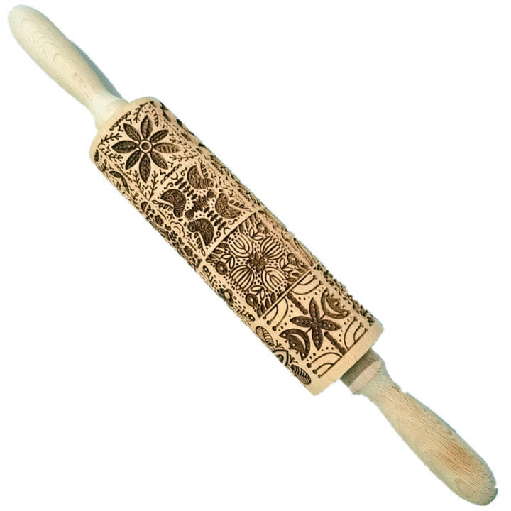 🎄 Christmas Embossed Rolling Pin – Wooden Cookie Pattern Roller for Festive Baking