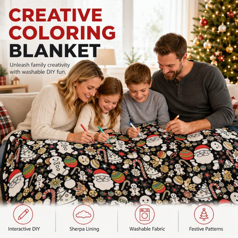 Family coloring a Christmas DIY blanket together