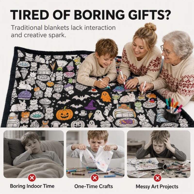 Family coloring a festive DIY blanket instead of ordinary crafts