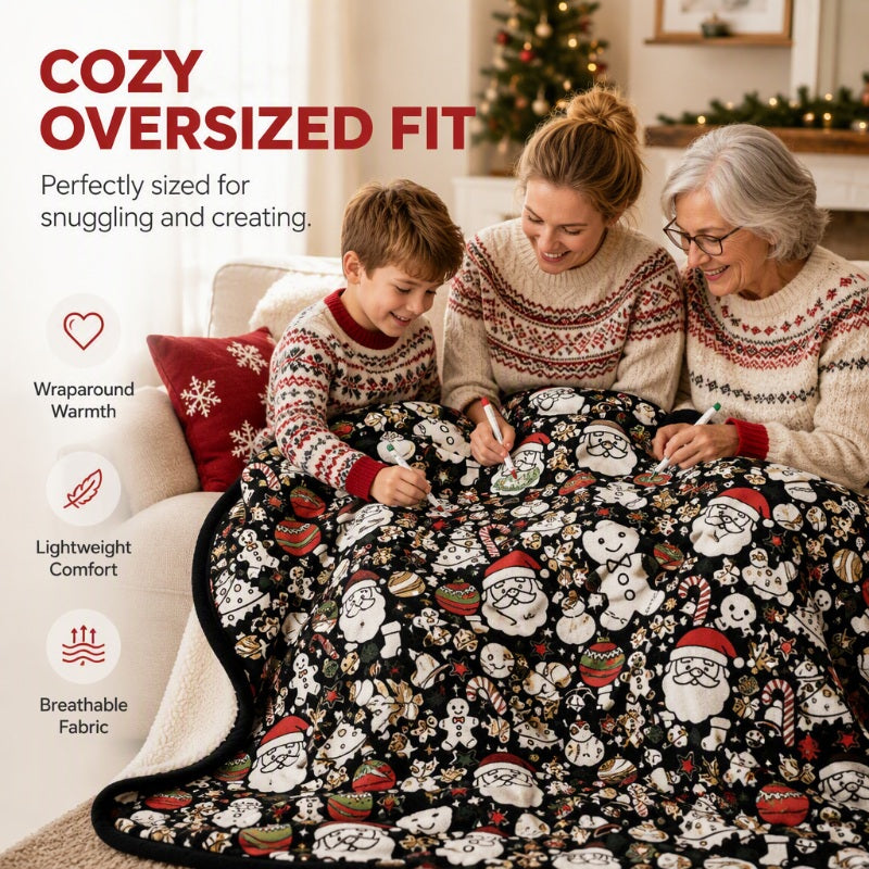 Christmas DIY coloring blanket used while snuggling on a sofa