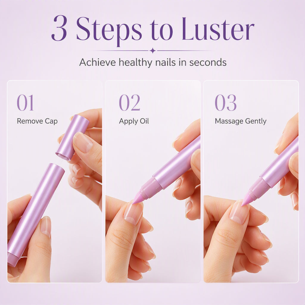 Original three-step diagram showing cap removal, applying nail essence and gently massaging around nails